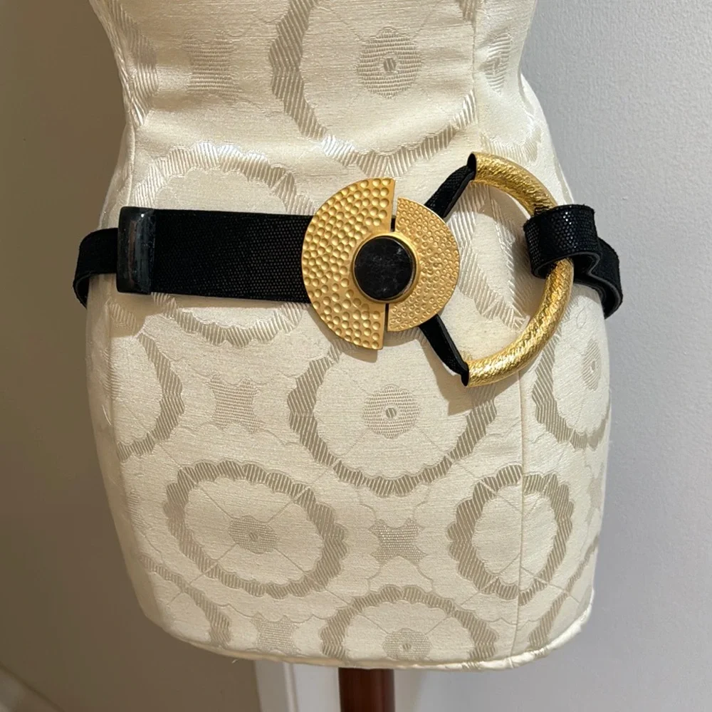 Anthony Alexander Vtg Gold Matte Hammered Gem Stones Black Leather Sling Belt